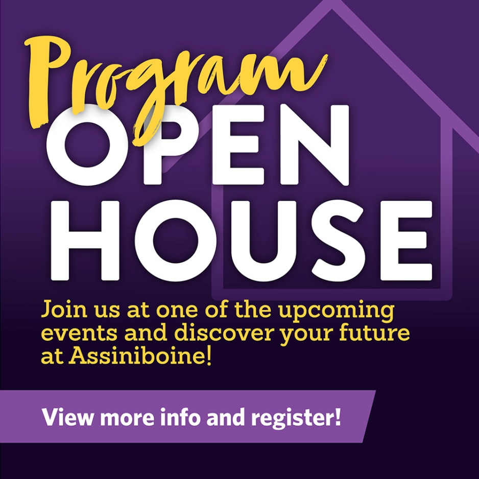 Program Open House. Register for one of the upcoming events. White and yellow text on purple background.