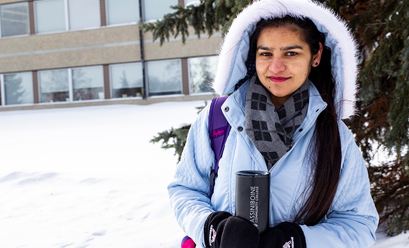 International student bundled up on a winter day.