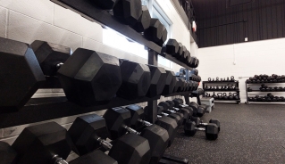 Closeup of weights on a rack alongside a wall.