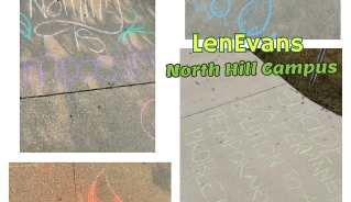 Pictures of sidewalk with inspirational messages written in chalk.