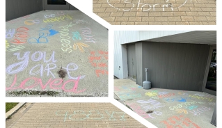Pictures of sidewalk with inspirational messages written in chalk.