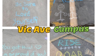 Pictures of sidewalk with inspirational messages written in chalk.