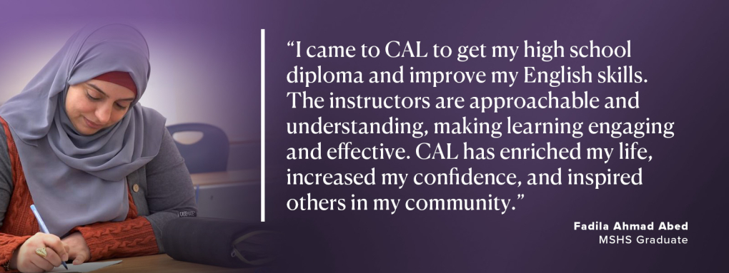 Photo of Fadila studying on the left side of the picture and her testimonial on the right side of the picture.