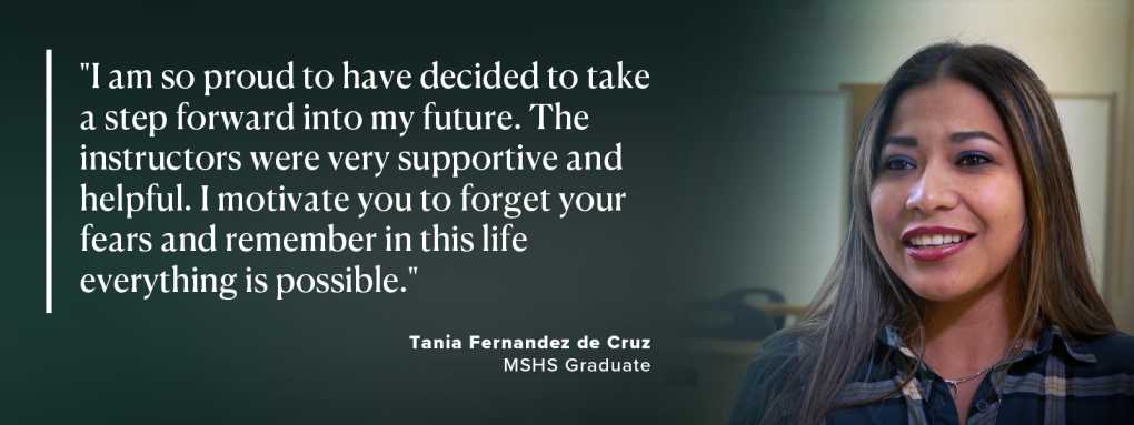 Tania Fernandez de Cruz smiling on the right side of the picture, wearing a blue patterned shirt. Her testimonial is on the left side of the picture.