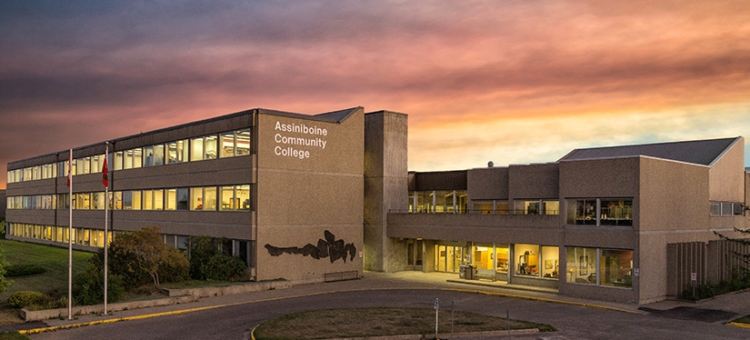 The Victoria Avenue East Campus in Brandon at twilight.