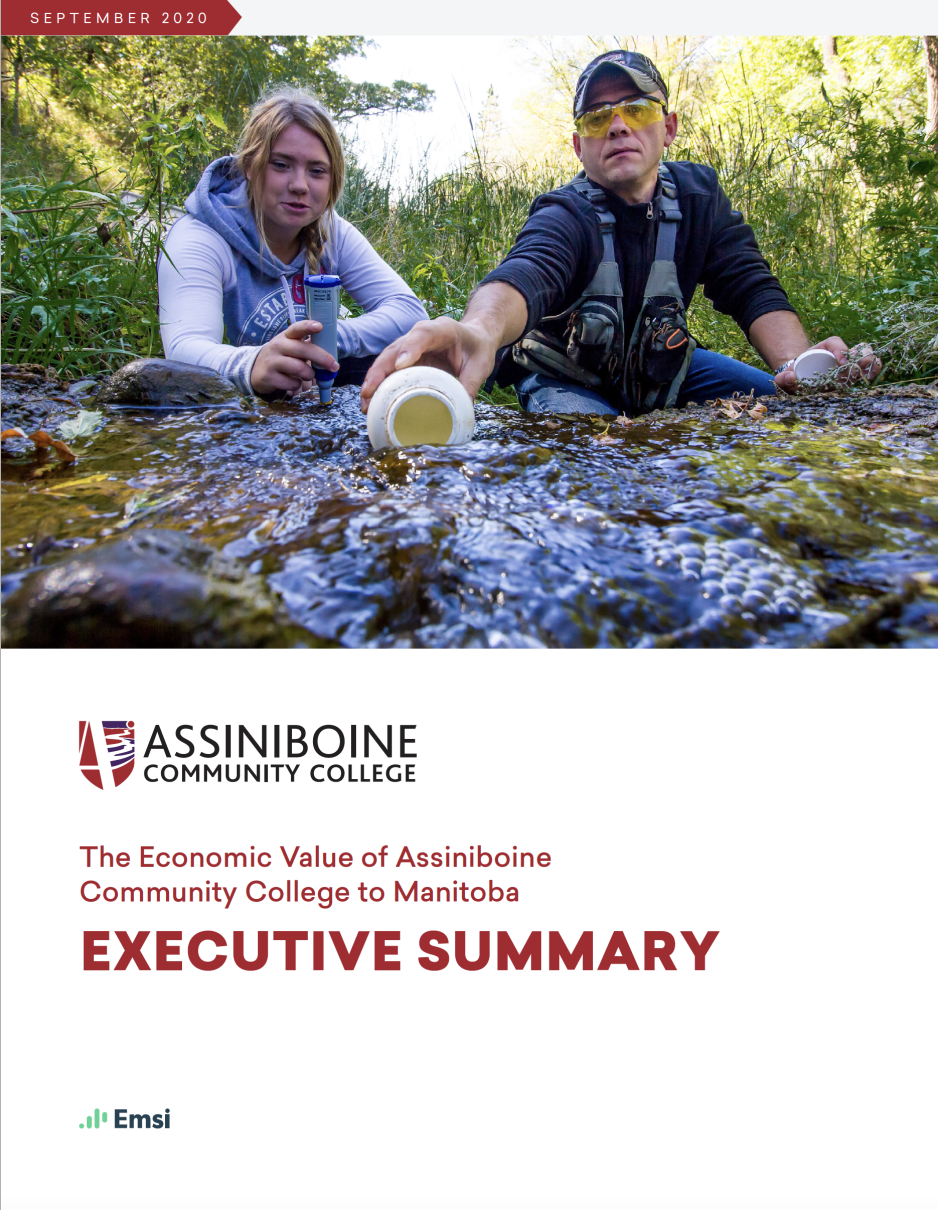Economic Impact Study Executive Summary cover page: a student and instructor take water samples as part of the Land & Water Management program. Below, the ACC logo with text reading "The Economic Value of Assiniboine Community College to Manitoba: EXECUTIVE SUMMARY"