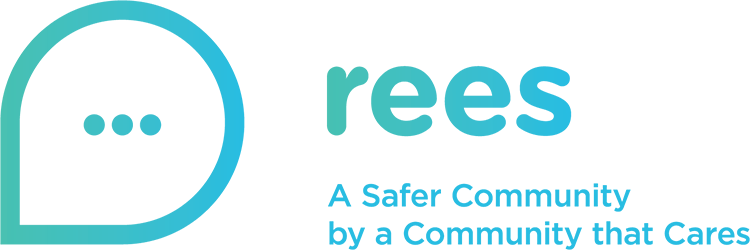 REES logo includes a speech bubble to the left of the image, with r e e s to the right and "A Safer Community by a Community the Cares" below.