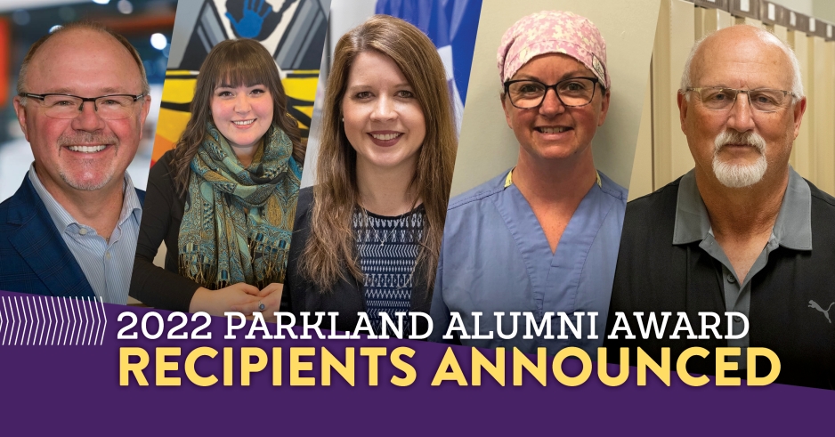 Five headshot photos of each Parkland Alumni Award recipient for 2022