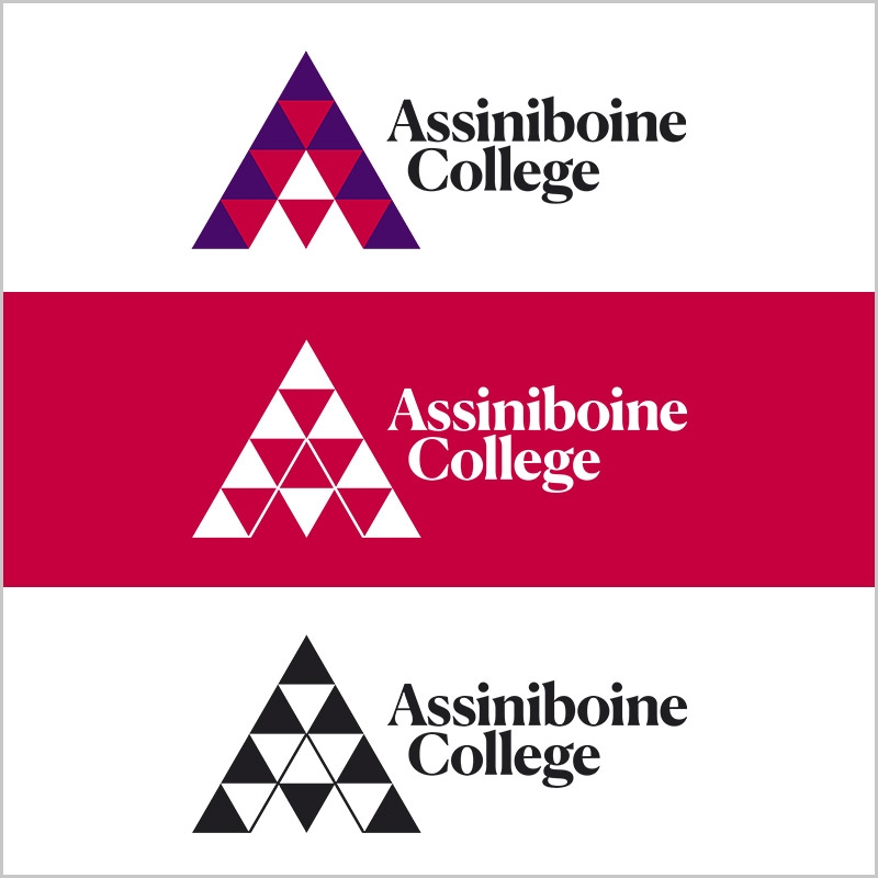 Three versions of Assiniboine's horizontal logos: full-colour logo in the top third of the picture, white logo on a red background in the middle third of the picture, and black logo in the bottom third of the picture.