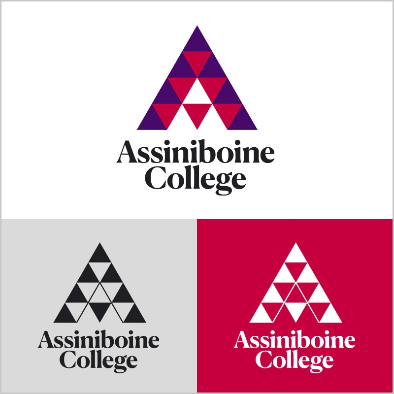 Three versions of the vertical Assiniboine logo: the full-colour logo in the top section of the picture, the black logo on a light-grey background on the bottom left, and the white logo on a red background on the bottom right.