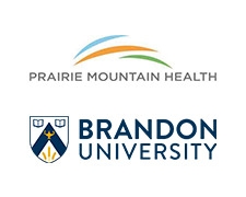 Prairie Mountain Health horizontal logo in the top half of the picture and Brandon University horizontal logo in the bottom half of the picture.