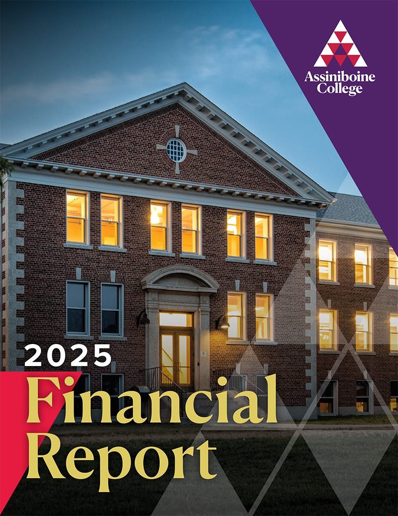 2025 Financial Report text over the photo of a brick building on Assiniboine's North Hill campus.