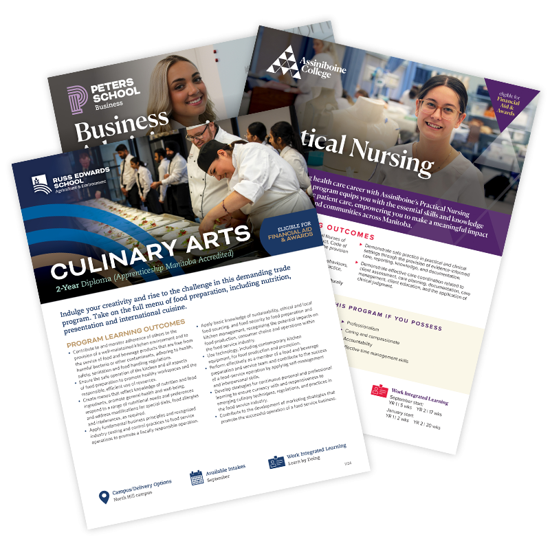 Program info sheets for Culinary Arts, Practical Nursing and Business Administration laid out loosely on top of each other.