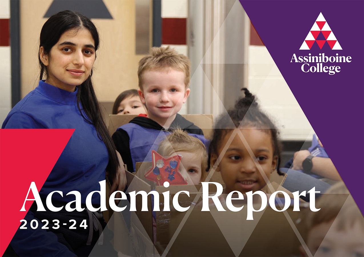 Academic Report 2023-24 text over a photo of an ECE student supervising kids.