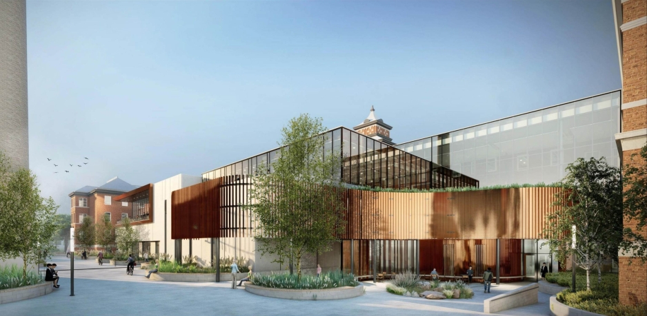 3D rendered image of the Prairie Innovation Centre with flowing wooden fixtures and glass walls between historic brick buildings.