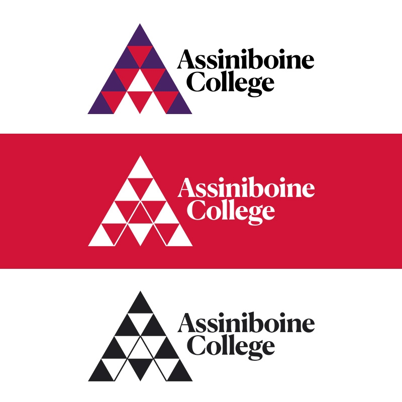 Three versions of Assiniboine's horizontal logos: full-colour logo in the top third of the picture, white logo on a red background in the middle third of the picture, and black logo in the bottom third of the picture.