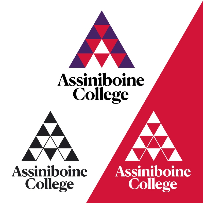 Three versions of the vertical Assiniboine logo: the full-colour logo, the black logo and the white logo on a red background on the bottom right.