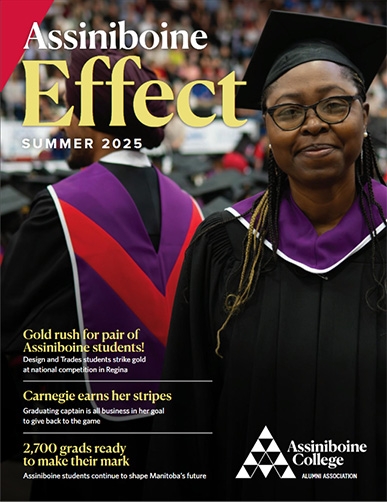Assiniboine Effect Summer 2025 - front page portraying a student at a graduation ceremony.