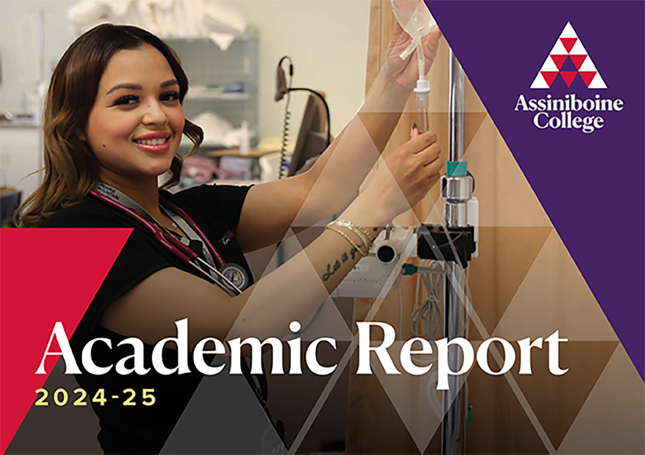 Academic Report 2024-25, photo of a Practical Nursing student adjusting an IV drip.