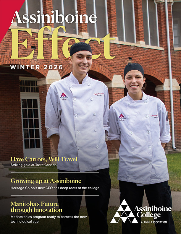 Assiniboine Effect December 2025 front cover with two Culinary Arts students in front of the MICA building.