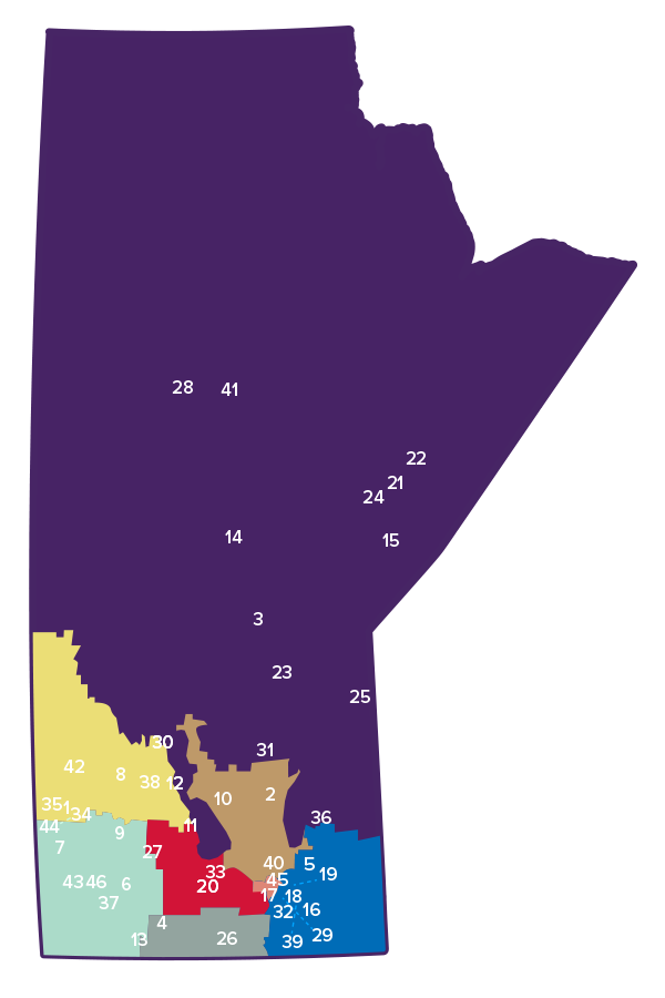 Numbered map of communities across Manitoba.