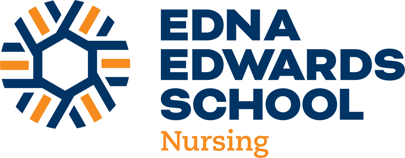 Edna Edwards School Nursing logo featuring a blue geometric snowflake/hexagon symbol with orange accents to the left, and the words “EDNA EDWARDS SCHOOL” in bold blue uppercase text, with “Nursing” in orange below.