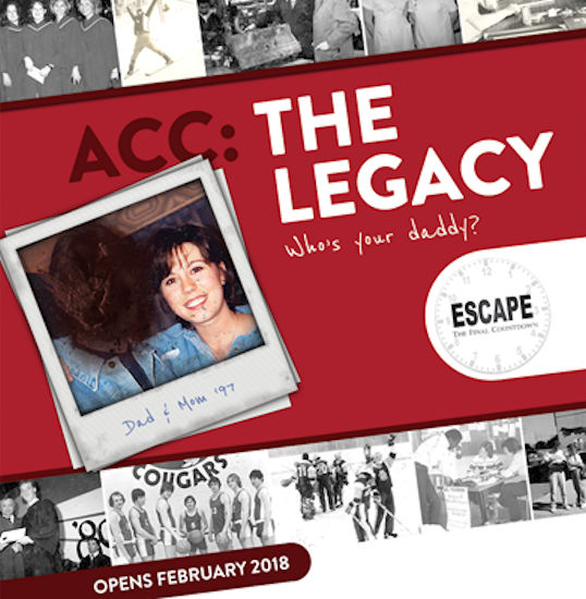 ACC: The Legacy - Escaping the Final Countdown. Text on a red background with a destroyed polaroid picture.