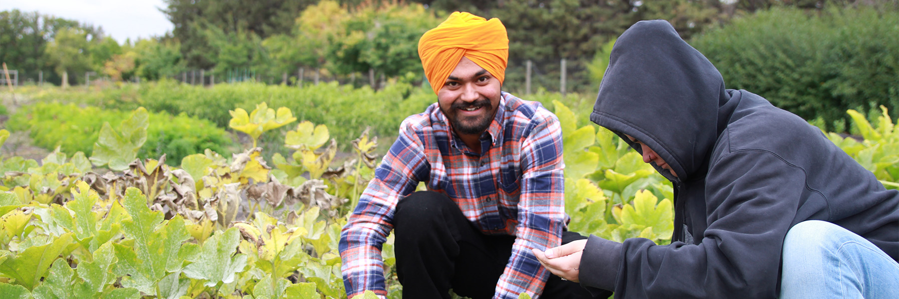 Two Sustainable Food Systems students crouching in a green field.