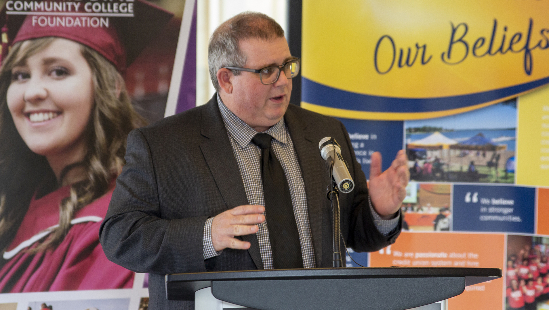 Assiniboine president, Mark Frison introduces Sunrise Credit Union at a donor announcement event
