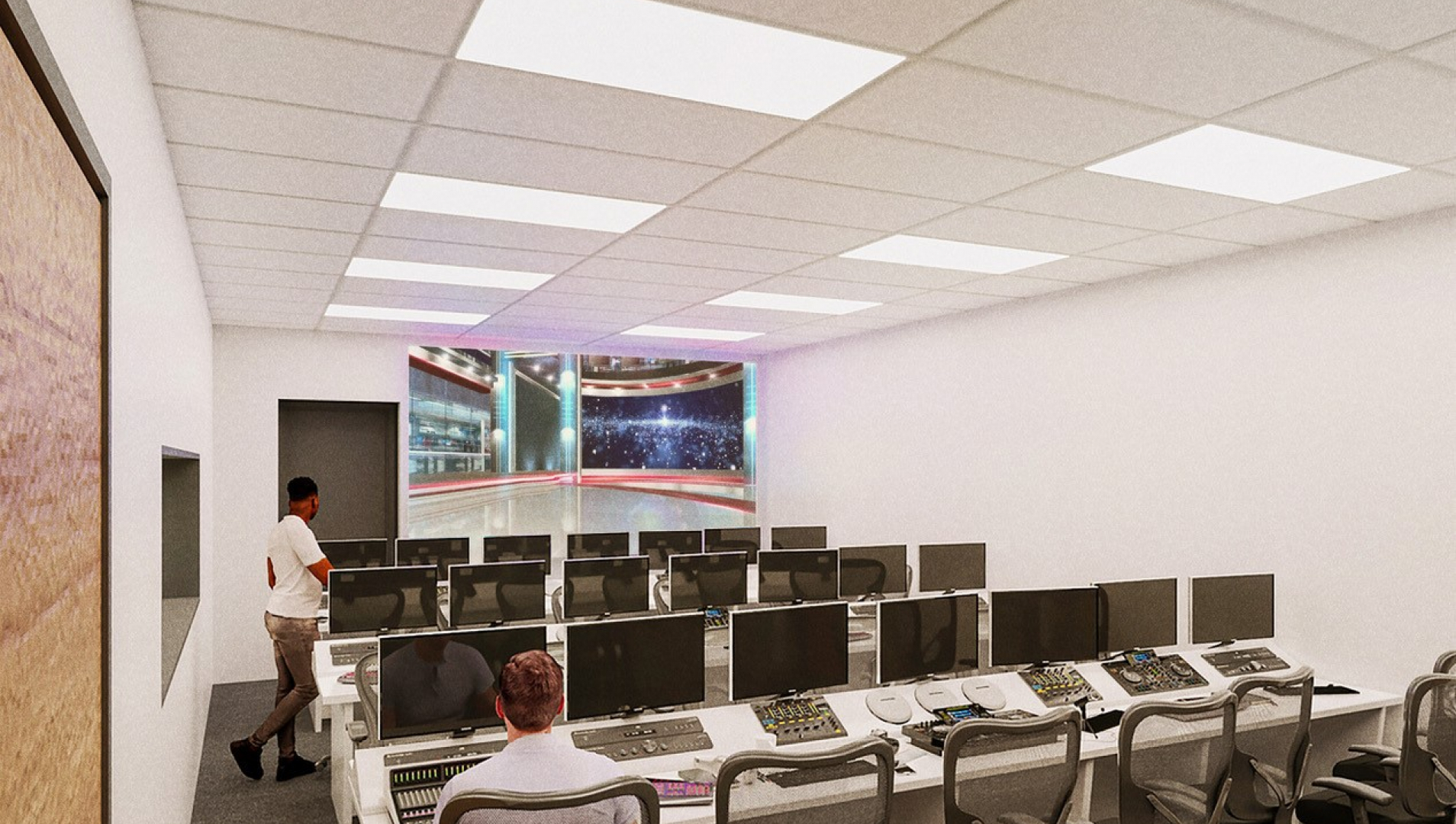 Photo shows a rendering of a Production Control Centre with the appropriate technology, production equipment and media viewing capability for students 