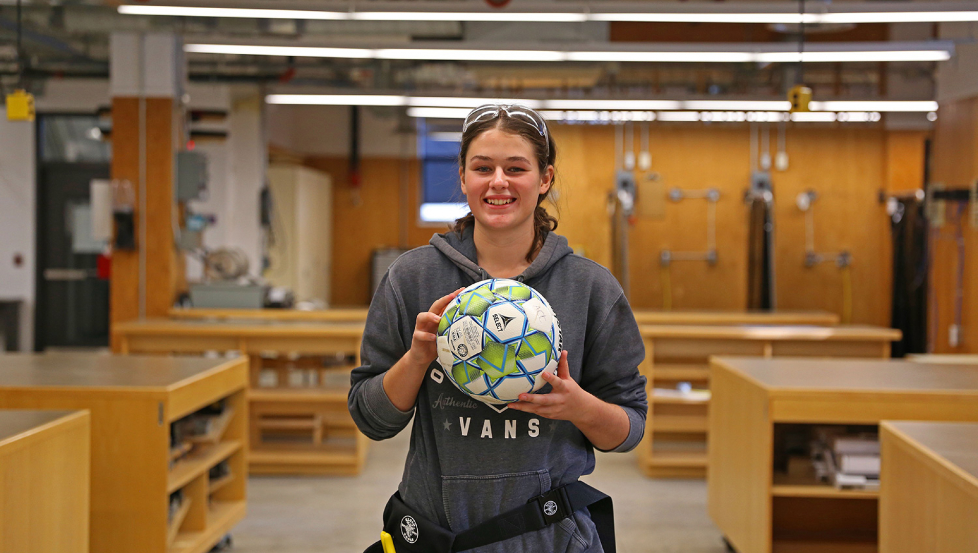 Hailey Burghart, who is studying to become an electrician, plays on the women’s soccer team.