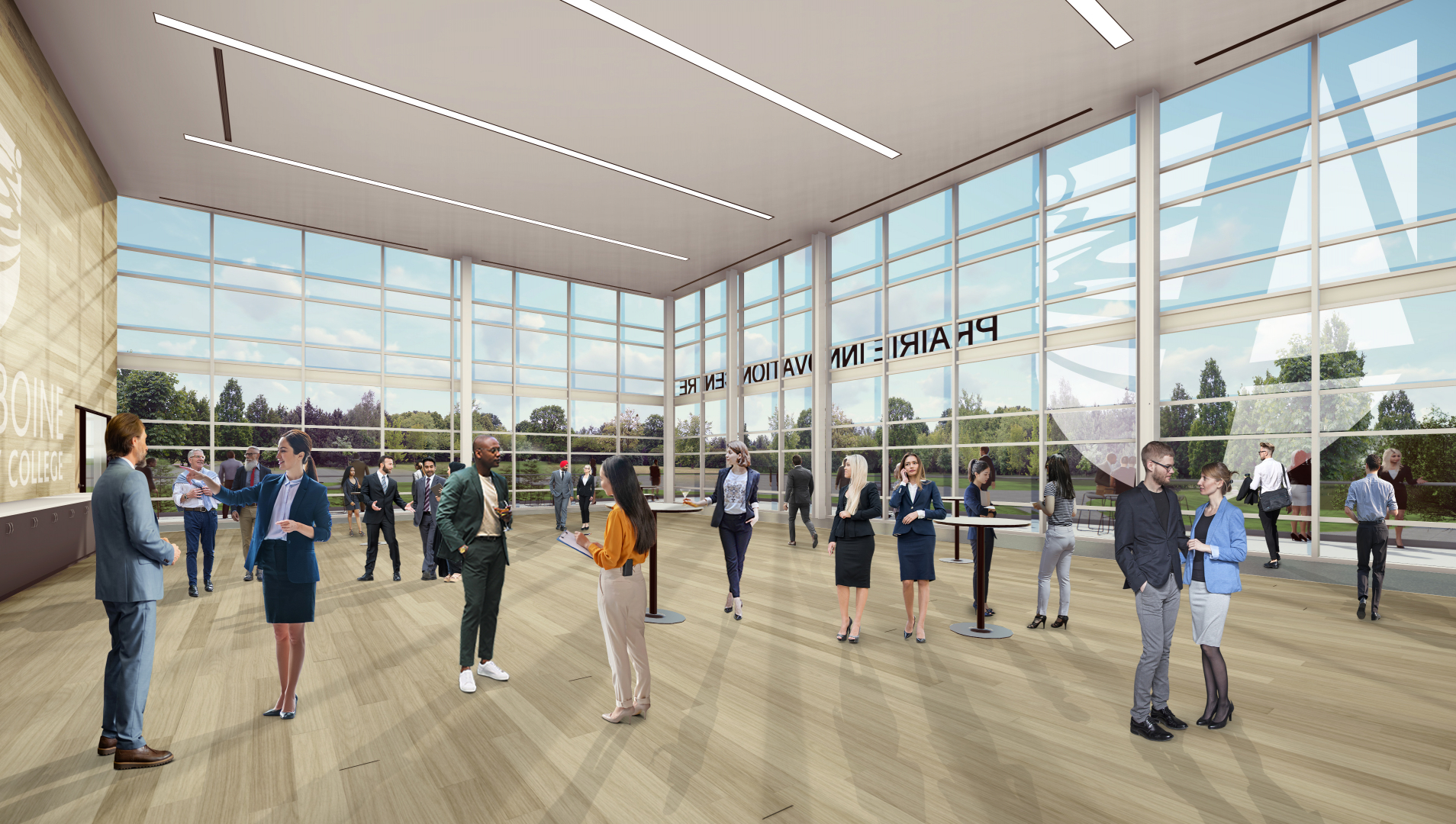 A rendering of the inside of the future Prairie Innovation Centre shows more than a dozen people spread out through a room in what appears to be a reception-style networking event.