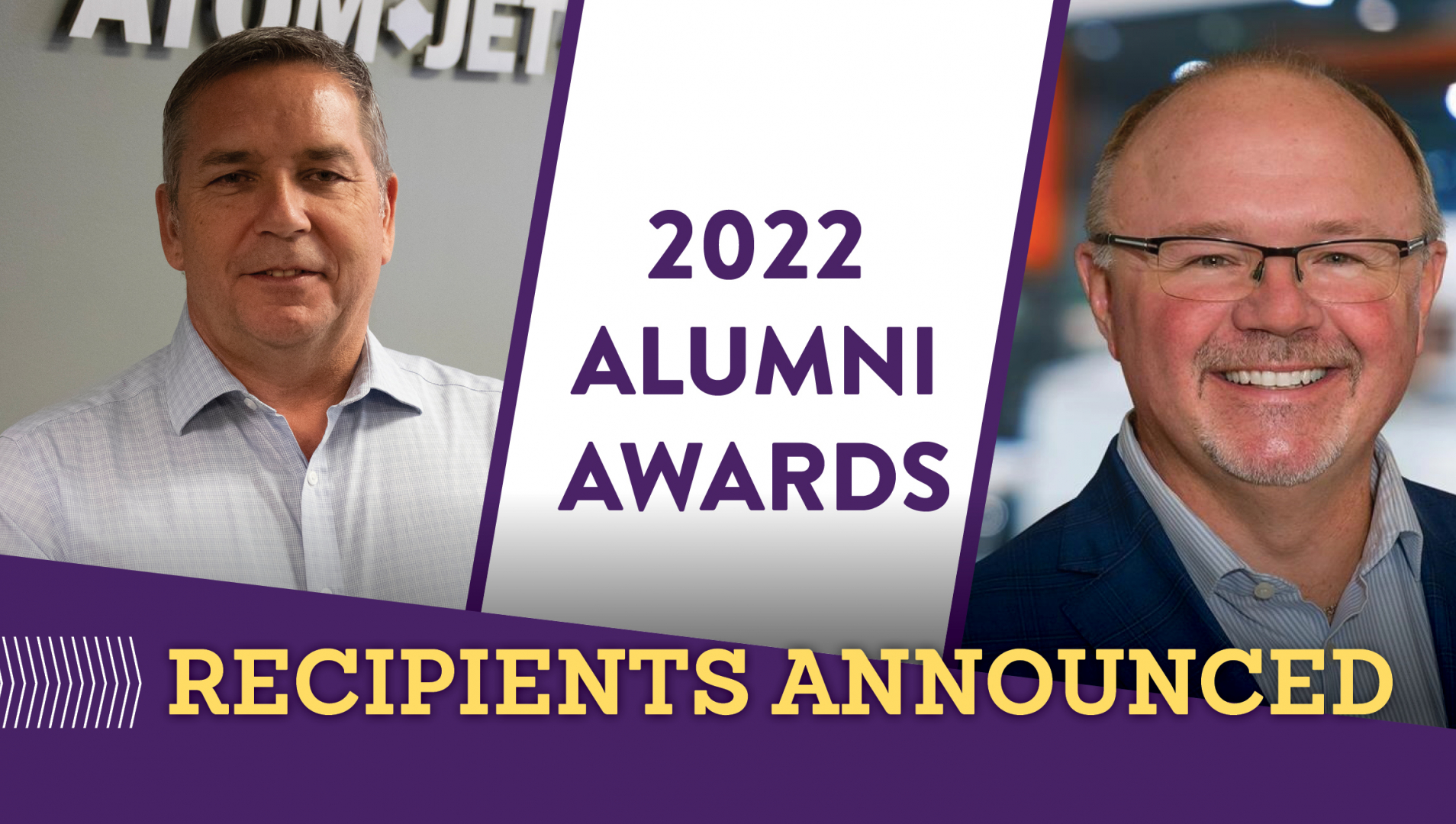 A designed image shows a photo of alumni award recipient, Barry Larocque on the left side and Tere Stykalo on the right. Between them, a white space that says "2022 Alumni awards" and below, "Recipients Announced"