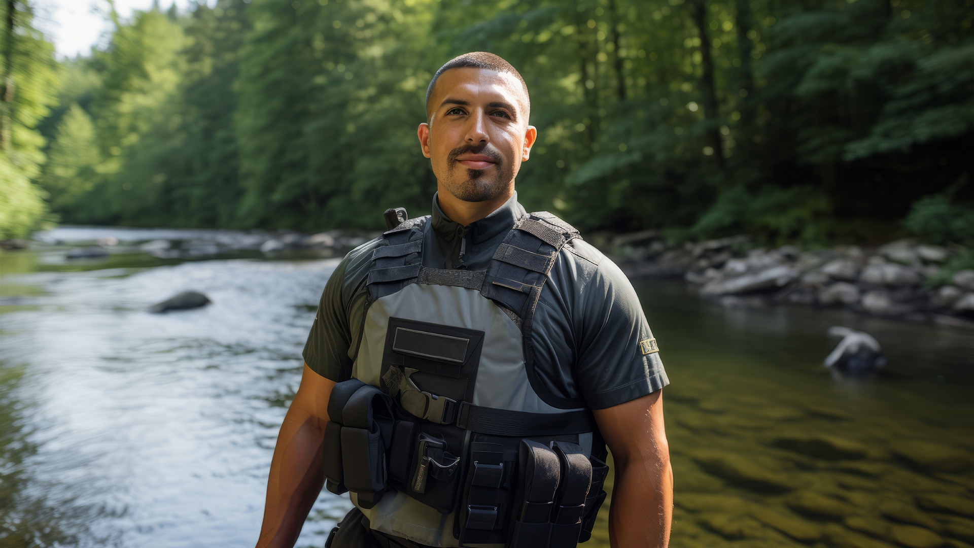 A male conservation officer standing in nature with a river flowing behind him and forest surrounding it.