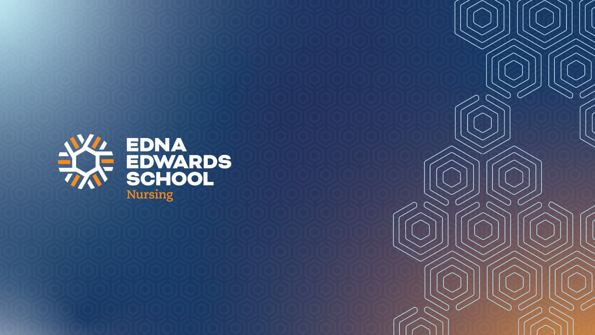 Edna Edwards School of Nursing logo on dark blue gradient background with recurring hexagon theme in the background.