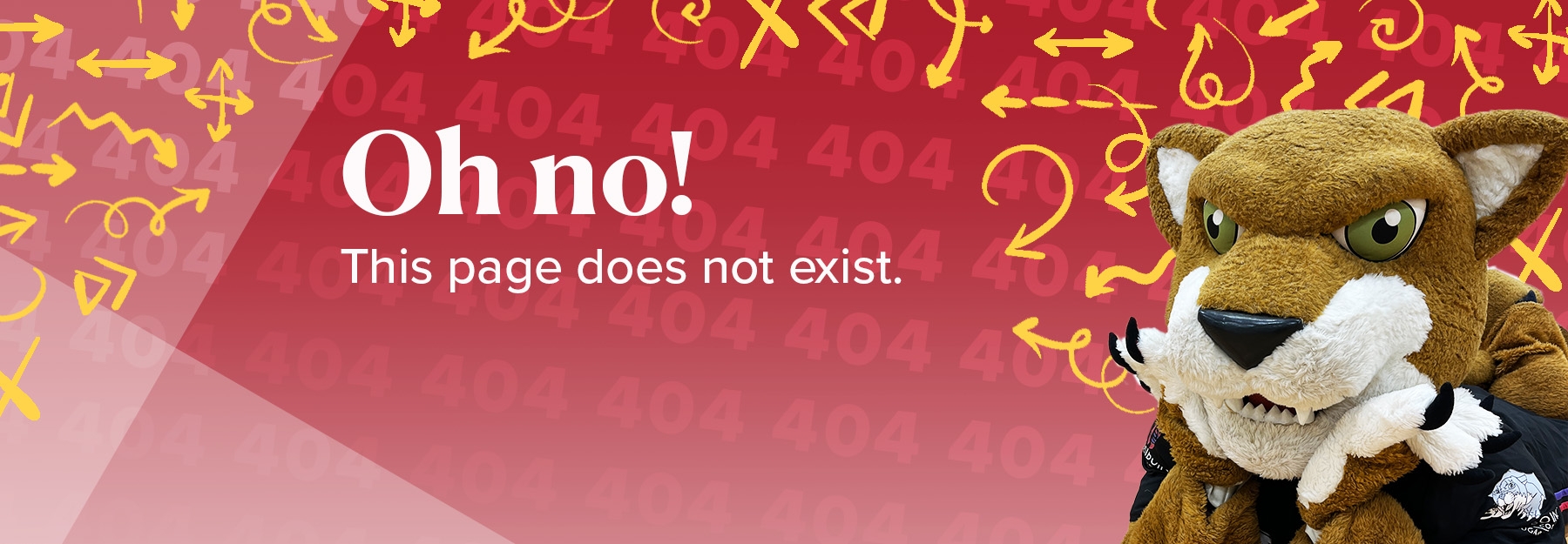 Oh no! This page does not exist! - white text on red background with a confused Caccey the mascot on the right and a swarm of squiggly yellow arrows floating around.