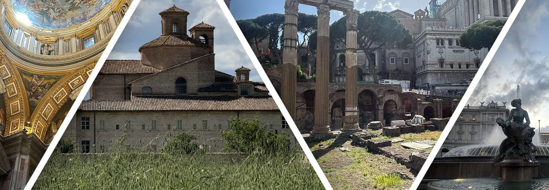 Four photos from Tasty Italia trip, one inside a cathedral, one of a winery, one of old ruins, one of a fountain.