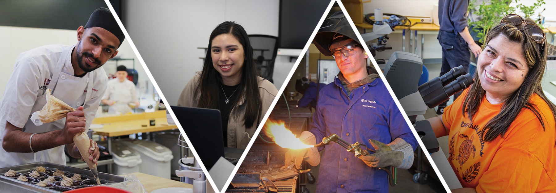 Four panels with students in different programs.