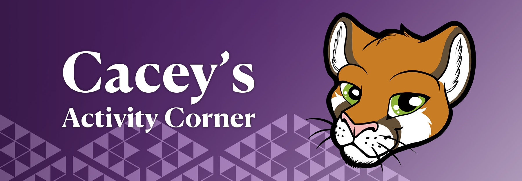 Cacey's Activity Corner, white text on purple background with a cartoon cougar on the right.