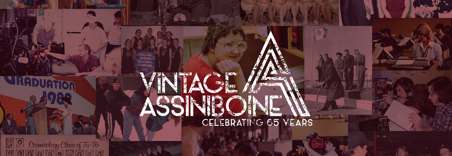 Vintage Assiniboine banner with a collage of photos of students through the years.