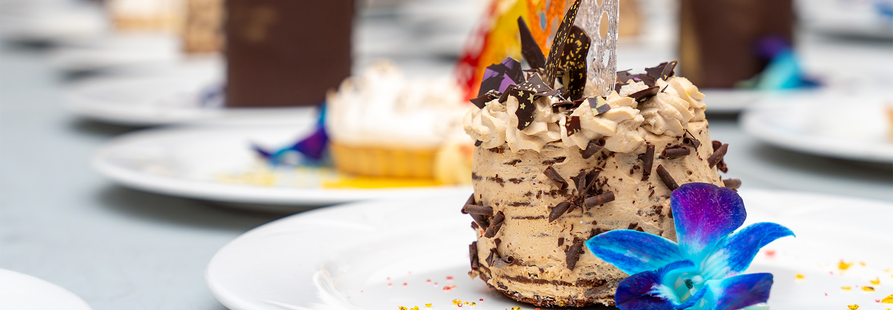 A chocolate dessert decorated with a blue flower, served on a white plate at the Foundation Legacy Gala.