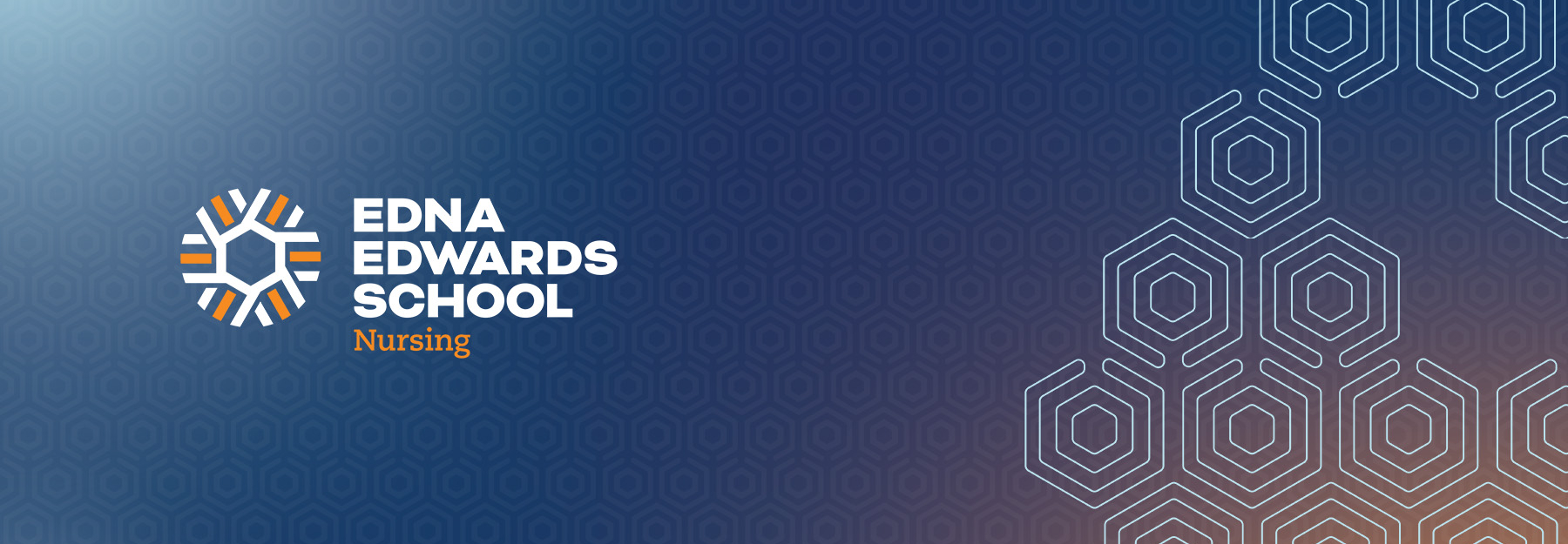 Edna Edwards School of Nursing logo on dark blue gradient background with recurring hexagon theme in the background.