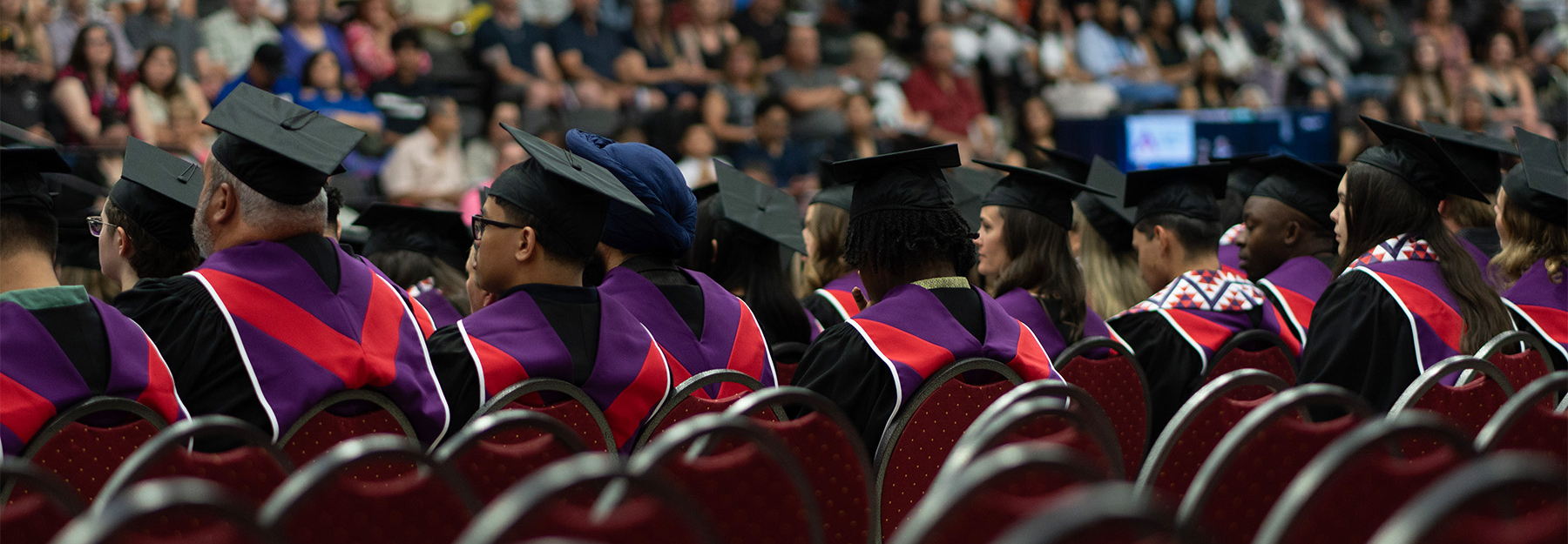A group of graduates in black gowns sitting at their graduation, with the crowd of their families in the background.